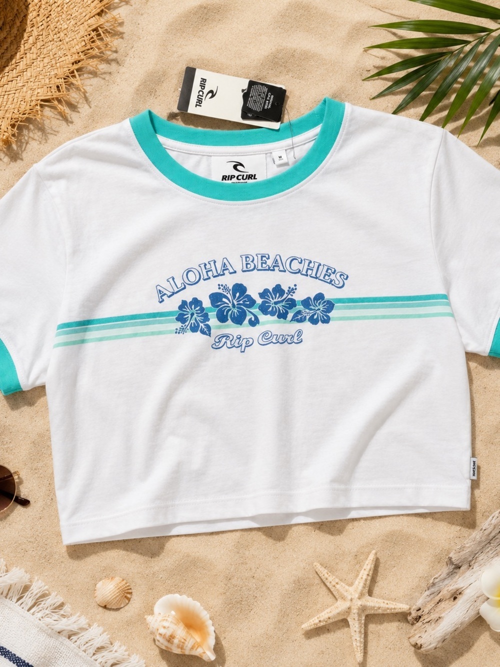 Rip Curl Aloha Beaches Graphic Crop Tee NWT White Aqua Baby Tee